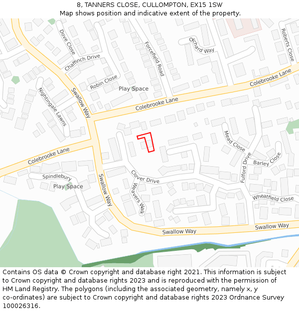 8, TANNERS CLOSE, CULLOMPTON, EX15 1SW: Location map and indicative extent of plot
