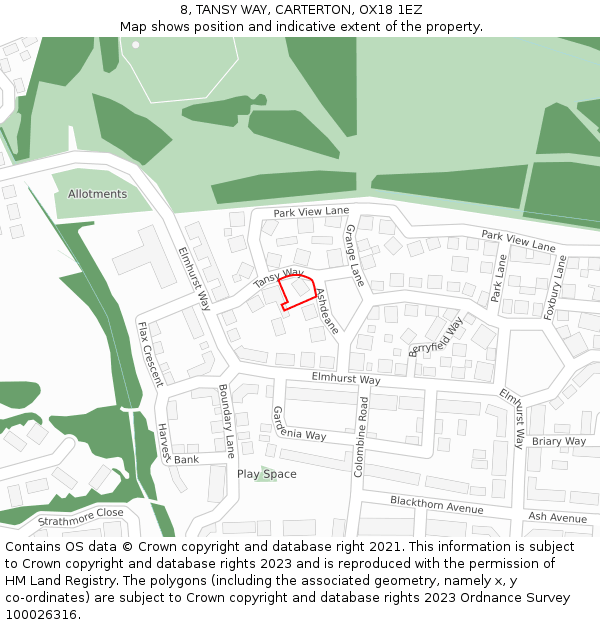 8, TANSY WAY, CARTERTON, OX18 1EZ: Location map and indicative extent of plot
