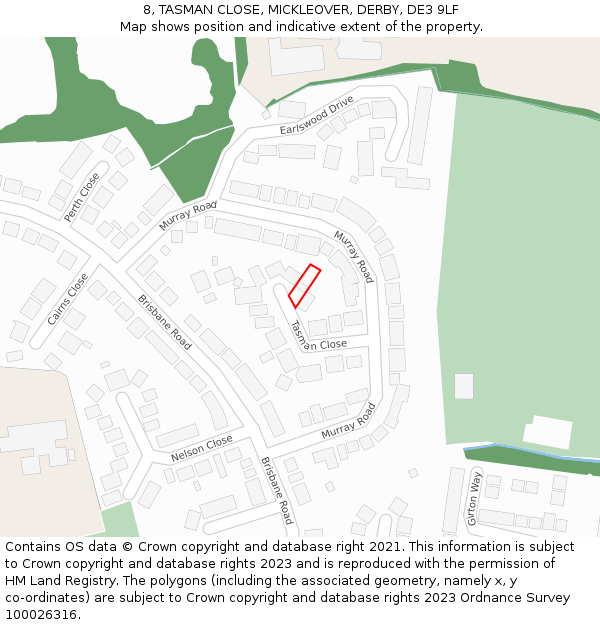 8, TASMAN CLOSE, MICKLEOVER, DERBY, DE3 9LF: Location map and indicative extent of plot