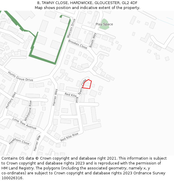 8, TAWNY CLOSE, HARDWICKE, GLOUCESTER, GL2 4DF: Location map and indicative extent of plot