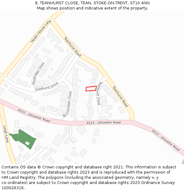 8, TEANHURST CLOSE, TEAN, STOKE-ON-TRENT, ST10 4NN: Location map and indicative extent of plot