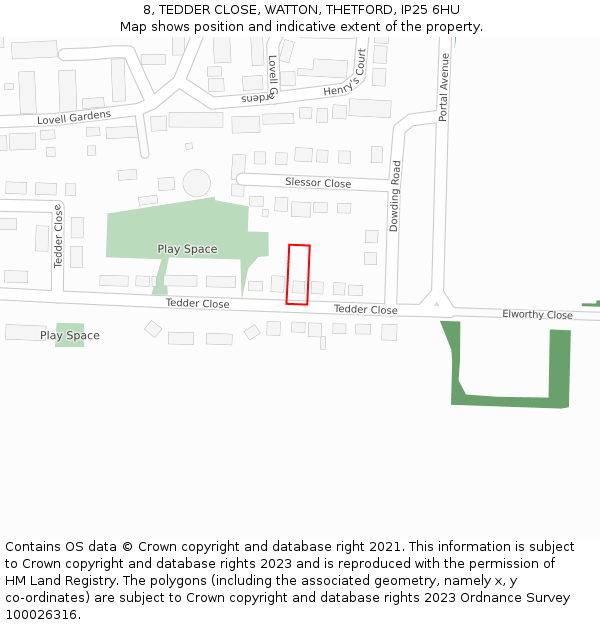 8, TEDDER CLOSE, WATTON, THETFORD, IP25 6HU: Location map and indicative extent of plot