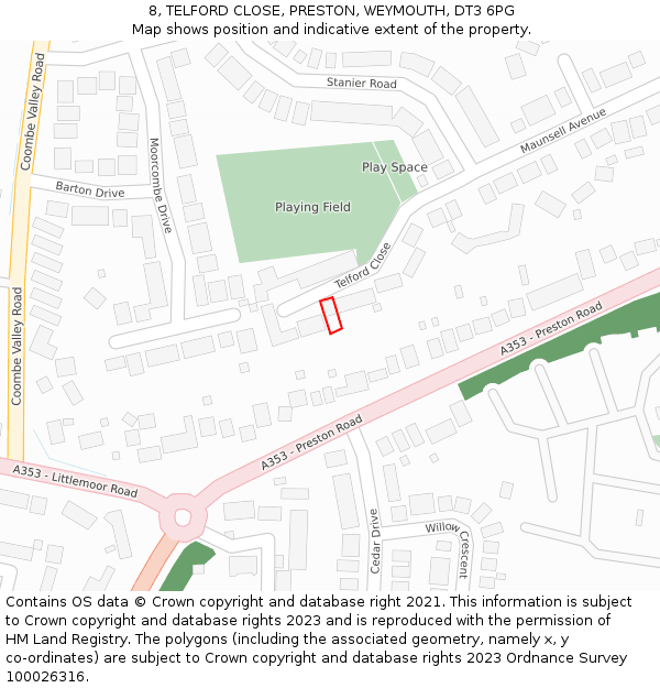 8, TELFORD CLOSE, PRESTON, WEYMOUTH, DT3 6PG: Location map and indicative extent of plot