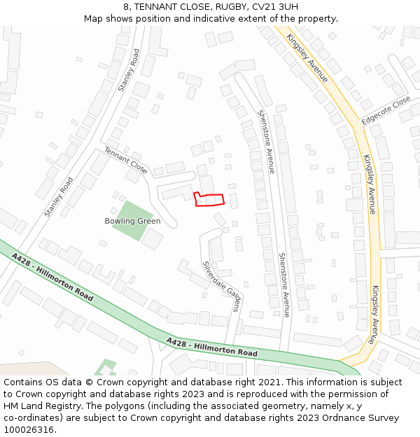 8, TENNANT CLOSE, RUGBY, CV21 3UH: Location map and indicative extent of plot