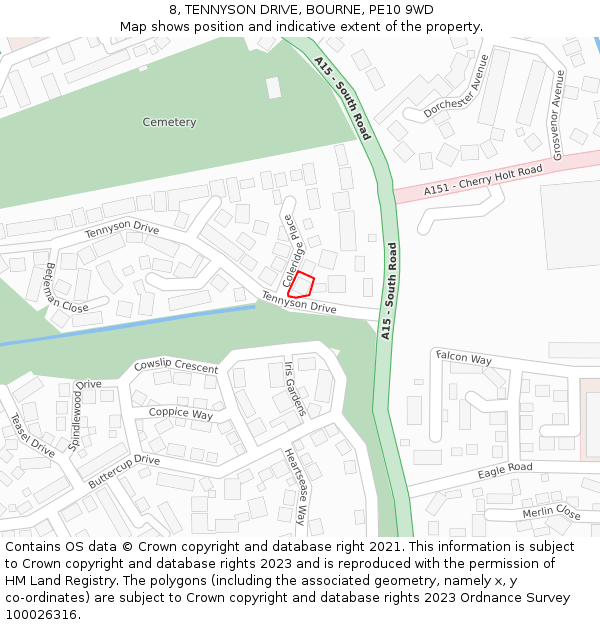 8, TENNYSON DRIVE, BOURNE, PE10 9WD: Location map and indicative extent of plot