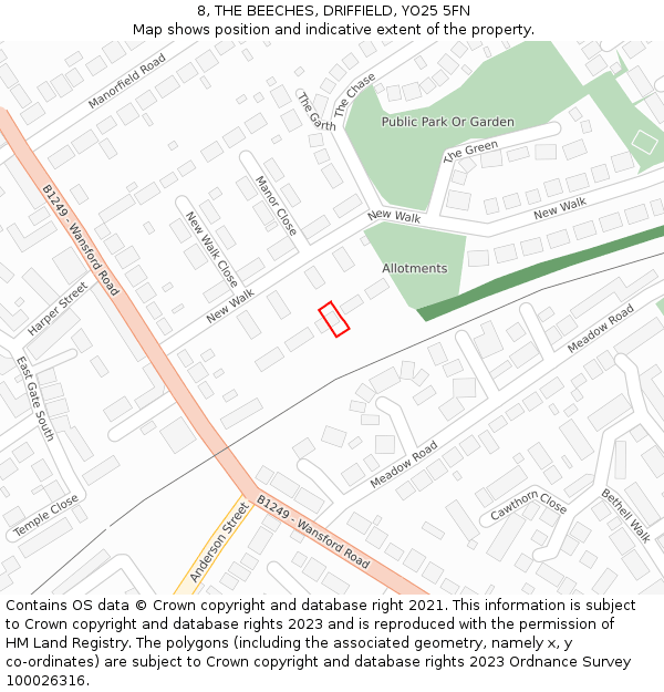 8, THE BEECHES, DRIFFIELD, YO25 5FN: Location map and indicative extent of plot