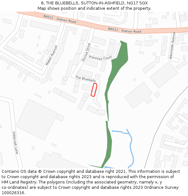 8, THE BLUEBELLS, SUTTON-IN-ASHFIELD, NG17 5GX: Location map and indicative extent of plot