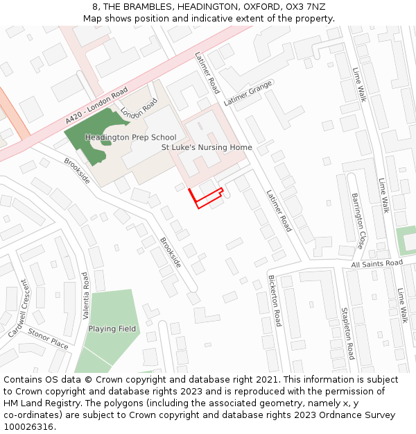 8, THE BRAMBLES, HEADINGTON, OXFORD, OX3 7NZ: Location map and indicative extent of plot