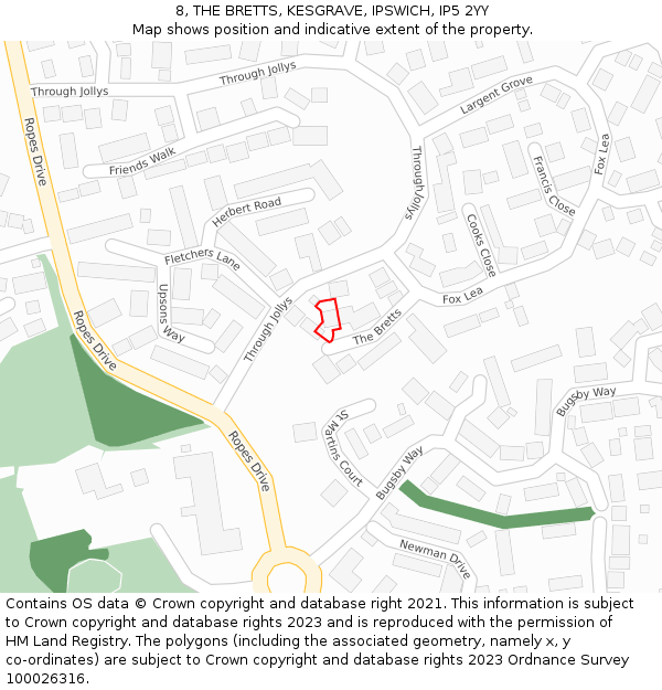 8, THE BRETTS, KESGRAVE, IPSWICH, IP5 2YY: Location map and indicative extent of plot