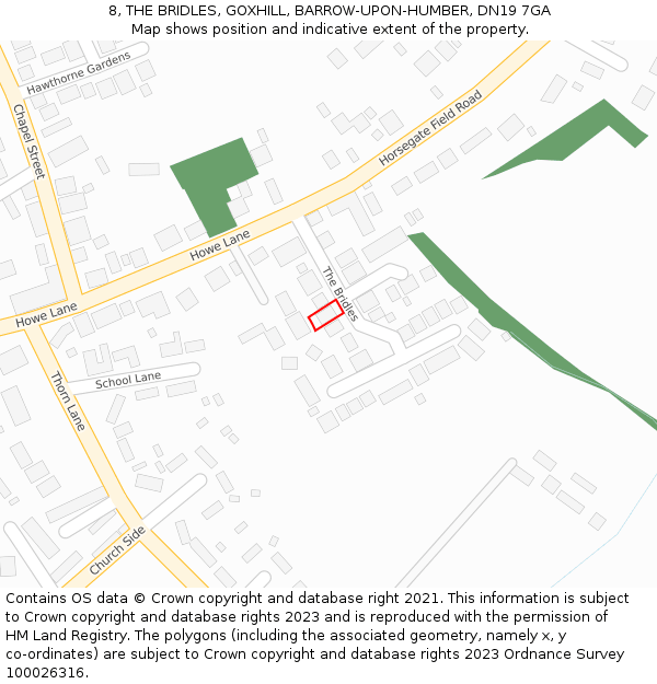 8, THE BRIDLES, GOXHILL, BARROW-UPON-HUMBER, DN19 7GA: Location map and indicative extent of plot