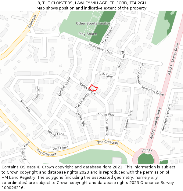 8, THE CLOISTERS, LAWLEY VILLAGE, TELFORD, TF4 2GH: Location map and indicative extent of plot