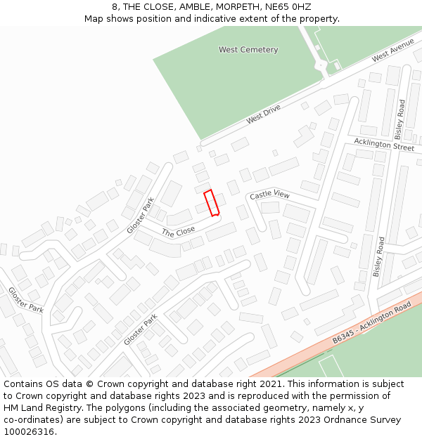 8, THE CLOSE, AMBLE, MORPETH, NE65 0HZ: Location map and indicative extent of plot