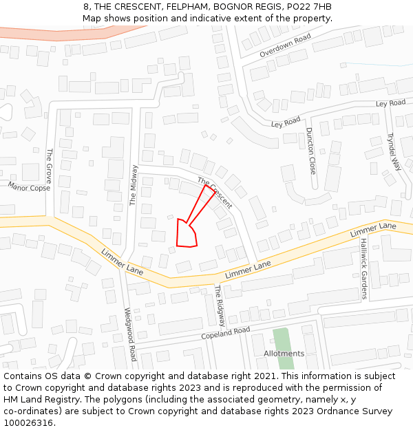 8, THE CRESCENT, FELPHAM, BOGNOR REGIS, PO22 7HB: Location map and indicative extent of plot