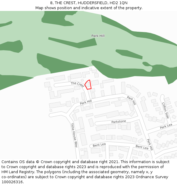 8, THE CREST, HUDDERSFIELD, HD2 1QN: Location map and indicative extent of plot