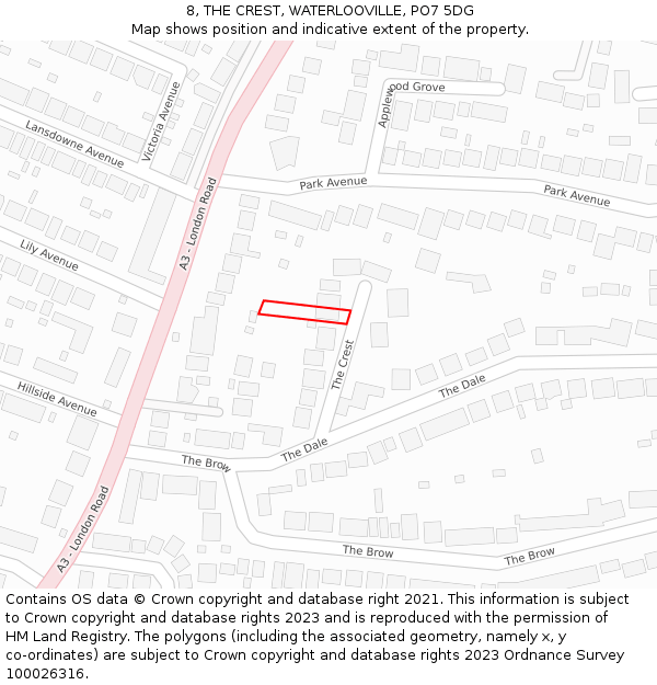 8, THE CREST, WATERLOOVILLE, PO7 5DG: Location map and indicative extent of plot
