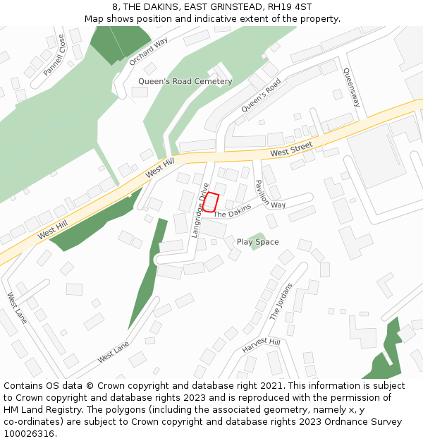 8, THE DAKINS, EAST GRINSTEAD, RH19 4ST: Location map and indicative extent of plot