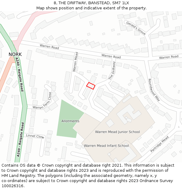 8, THE DRIFTWAY, BANSTEAD, SM7 1LX: Location map and indicative extent of plot