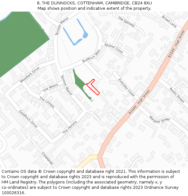 8, THE DUNNOCKS, COTTENHAM, CAMBRIDGE, CB24 8XU: Location map and indicative extent of plot