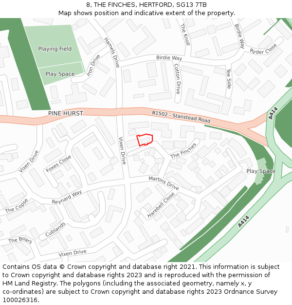 8, THE FINCHES, HERTFORD, SG13 7TB: Location map and indicative extent of plot