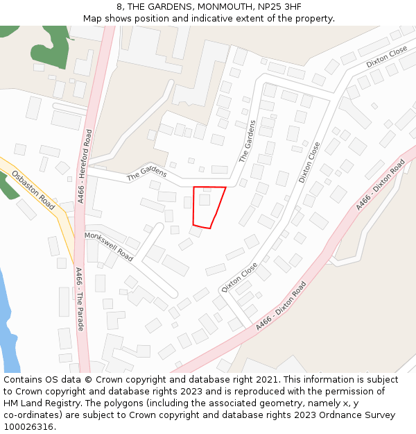 8, THE GARDENS, MONMOUTH, NP25 3HF: Location map and indicative extent of plot