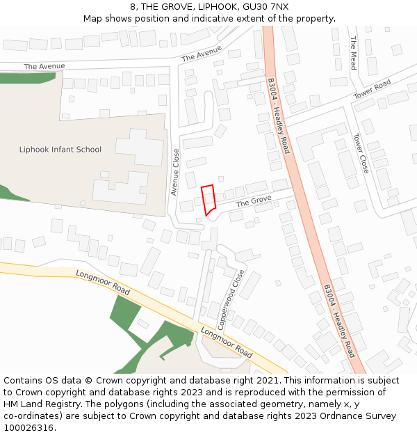 8, THE GROVE, LIPHOOK, GU30 7NX: Location map and indicative extent of plot