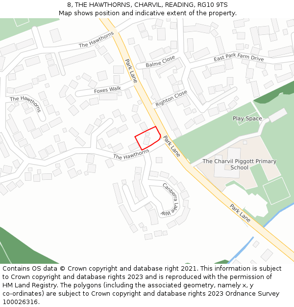 8, THE HAWTHORNS, CHARVIL, READING, RG10 9TS: Location map and indicative extent of plot