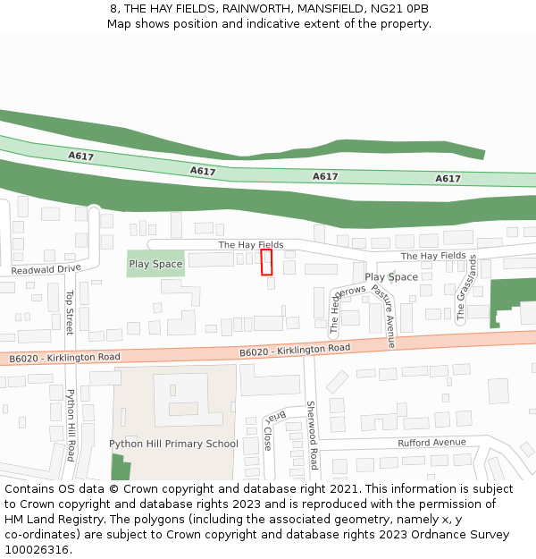 8, THE HAY FIELDS, RAINWORTH, MANSFIELD, NG21 0PB: Location map and indicative extent of plot