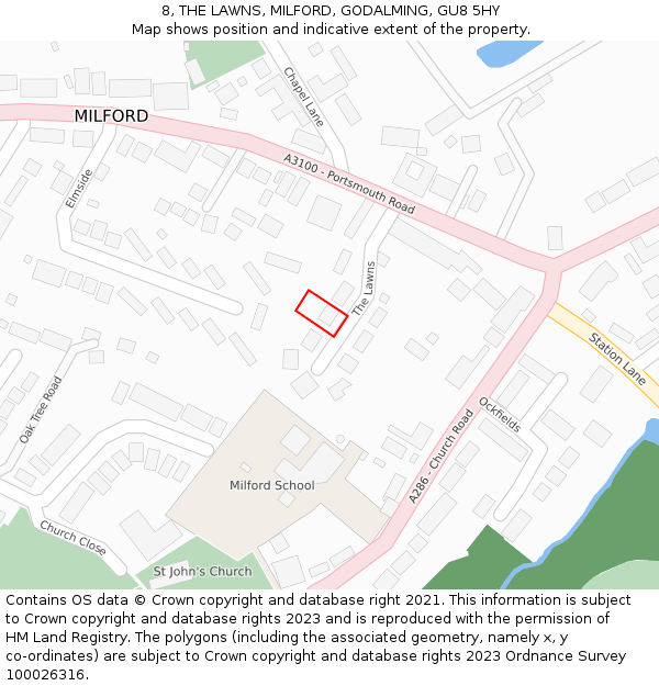 8, THE LAWNS, MILFORD, GODALMING, GU8 5HY: Location map and indicative extent of plot