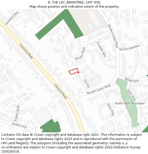 8, THE LEY, BRAINTREE, CM7 3NS: Location map and indicative extent of plot