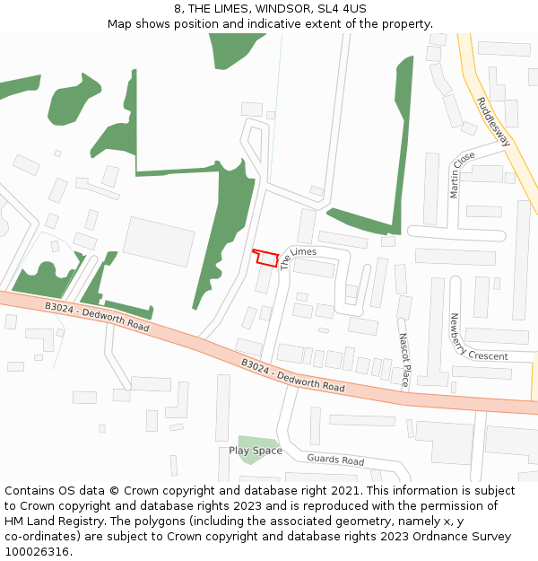 8, THE LIMES, WINDSOR, SL4 4US: Location map and indicative extent of plot