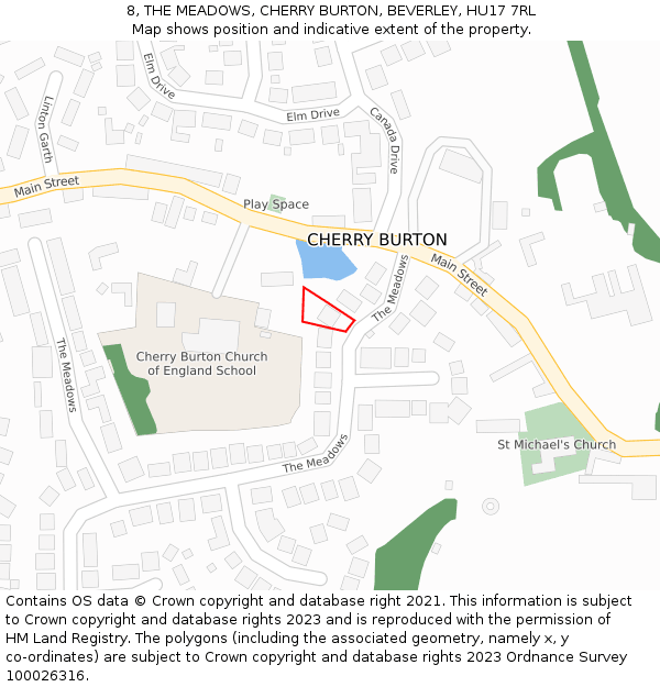 8, THE MEADOWS, CHERRY BURTON, BEVERLEY, HU17 7RL: Location map and indicative extent of plot