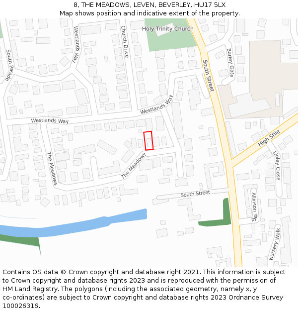8, THE MEADOWS, LEVEN, BEVERLEY, HU17 5LX: Location map and indicative extent of plot