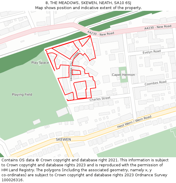 8, THE MEADOWS, SKEWEN, NEATH, SA10 6SJ: Location map and indicative extent of plot