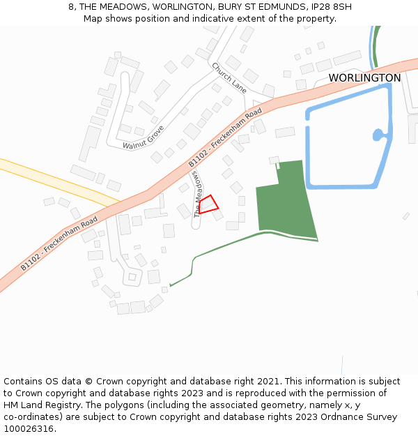8, THE MEADOWS, WORLINGTON, BURY ST EDMUNDS, IP28 8SH: Location map and indicative extent of plot