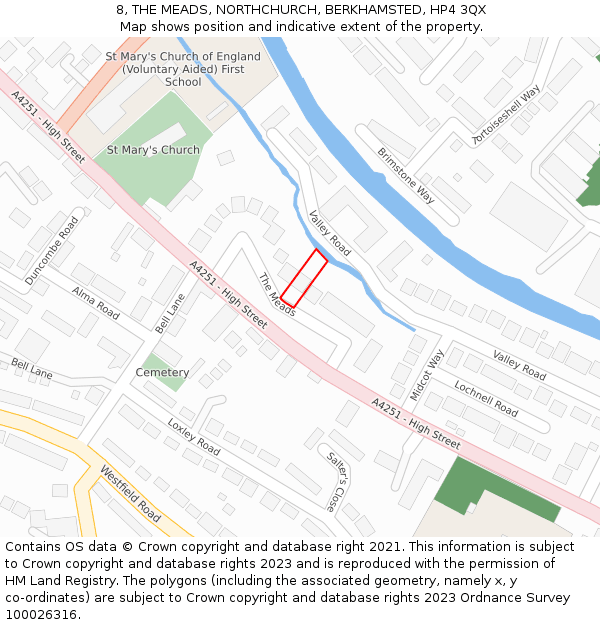 8, THE MEADS, NORTHCHURCH, BERKHAMSTED, HP4 3QX: Location map and indicative extent of plot