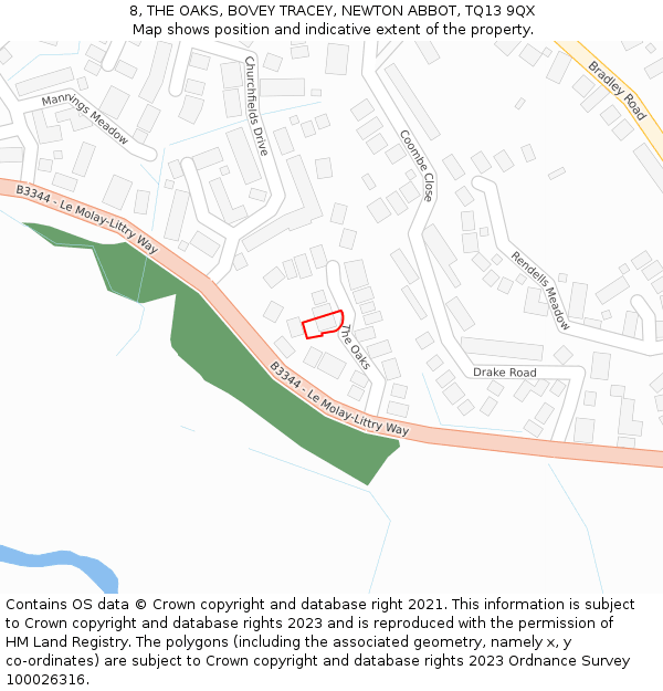 8, THE OAKS, BOVEY TRACEY, NEWTON ABBOT, TQ13 9QX: Location map and indicative extent of plot