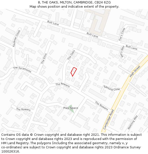 8, THE OAKS, MILTON, CAMBRIDGE, CB24 6ZG: Location map and indicative extent of plot