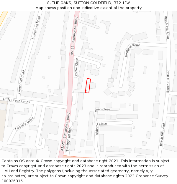 8, THE OAKS, SUTTON COLDFIELD, B72 1FW: Location map and indicative extent of plot
