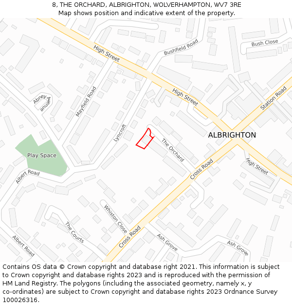 8, THE ORCHARD, ALBRIGHTON, WOLVERHAMPTON, WV7 3RE: Location map and indicative extent of plot