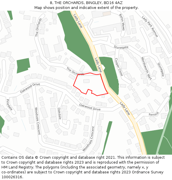8, THE ORCHARDS, BINGLEY, BD16 4AZ: Location map and indicative extent of plot