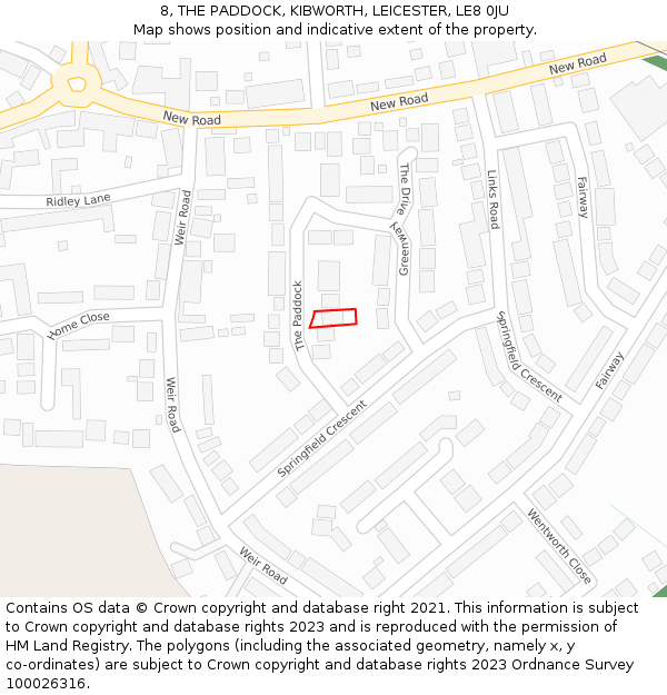 8, THE PADDOCK, KIBWORTH, LEICESTER, LE8 0JU: Location map and indicative extent of plot
