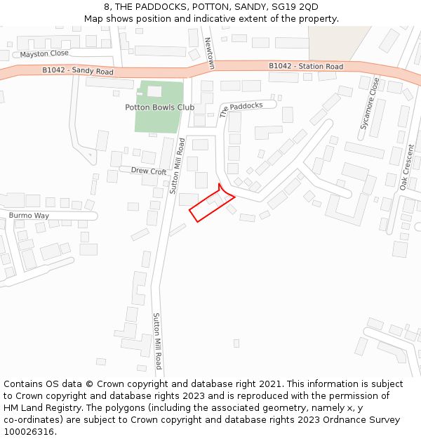 8, THE PADDOCKS, POTTON, SANDY, SG19 2QD: Location map and indicative extent of plot