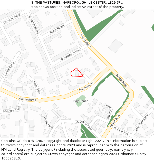 8, THE PASTURES, NARBOROUGH, LEICESTER, LE19 3FU: Location map and indicative extent of plot