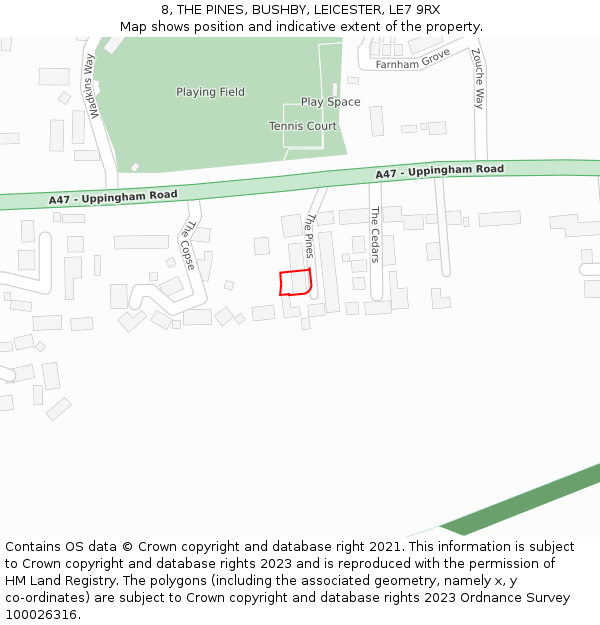 8, THE PINES, BUSHBY, LEICESTER, LE7 9RX: Location map and indicative extent of plot