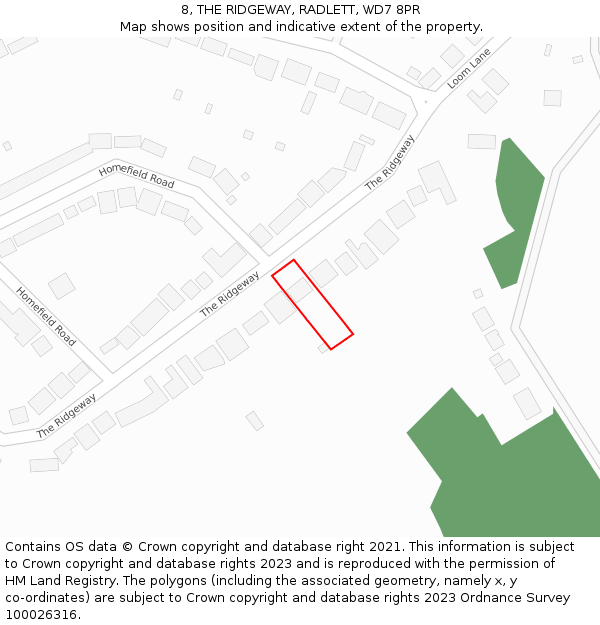 8, THE RIDGEWAY, RADLETT, WD7 8PR: Location map and indicative extent of plot