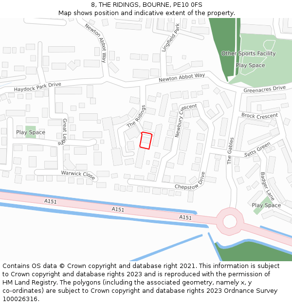 8, THE RIDINGS, BOURNE, PE10 0FS: Location map and indicative extent of plot