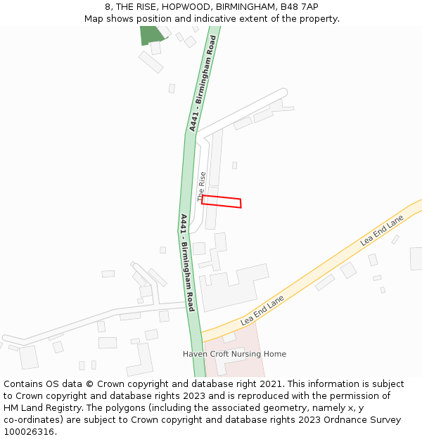 8, THE RISE, HOPWOOD, BIRMINGHAM, B48 7AP: Location map and indicative extent of plot