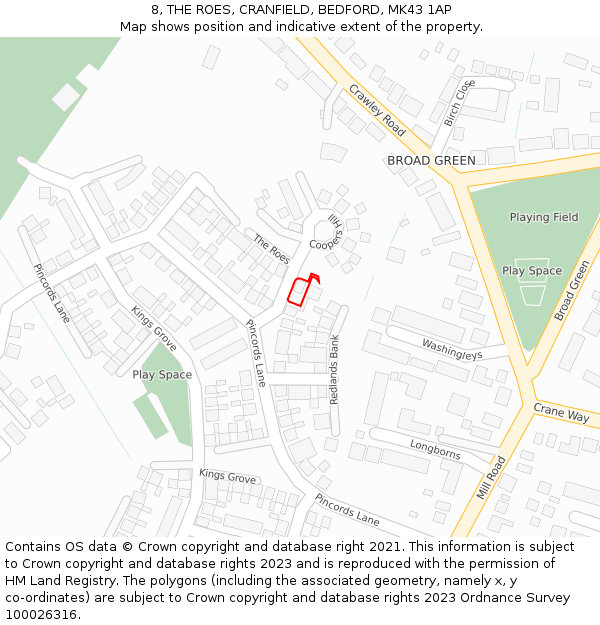 8, THE ROES, CRANFIELD, BEDFORD, MK43 1AP: Location map and indicative extent of plot