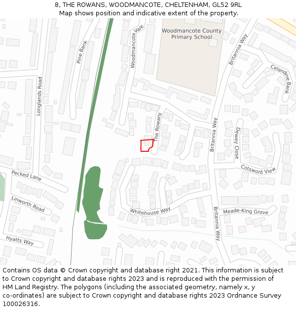 8, THE ROWANS, WOODMANCOTE, CHELTENHAM, GL52 9RL: Location map and indicative extent of plot