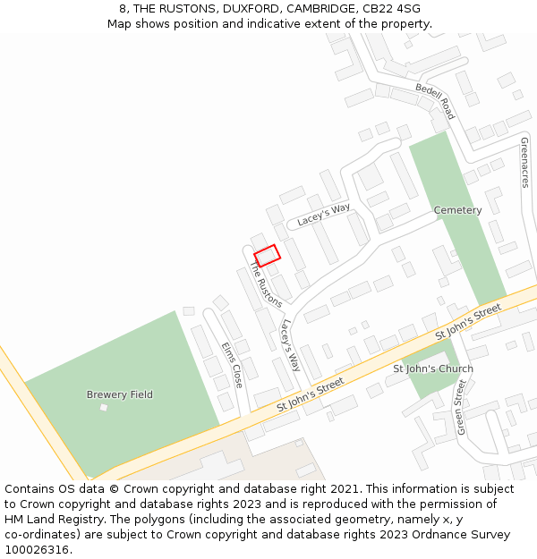 8, THE RUSTONS, DUXFORD, CAMBRIDGE, CB22 4SG: Location map and indicative extent of plot